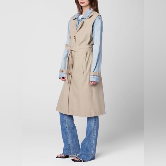 Downtown Trench Coat Denim-Sleeve - Beige & Light Blue - NWT - Size L - Picture 3 of 3